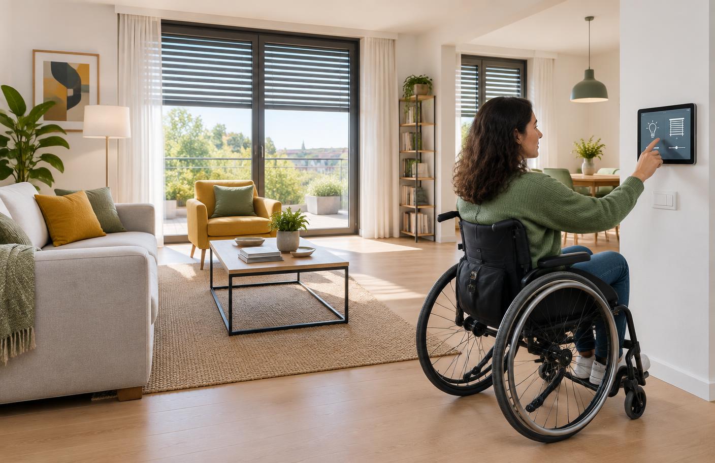 Persona in carrozzina che controlla una casa con tecnologie domotiche assistive